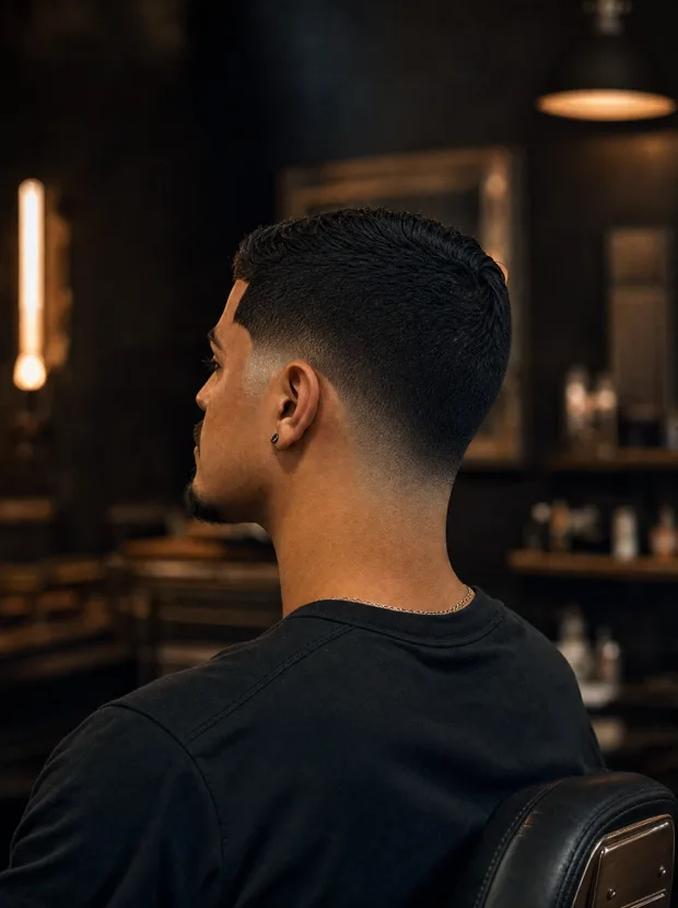 Low taper fade, clean neckline