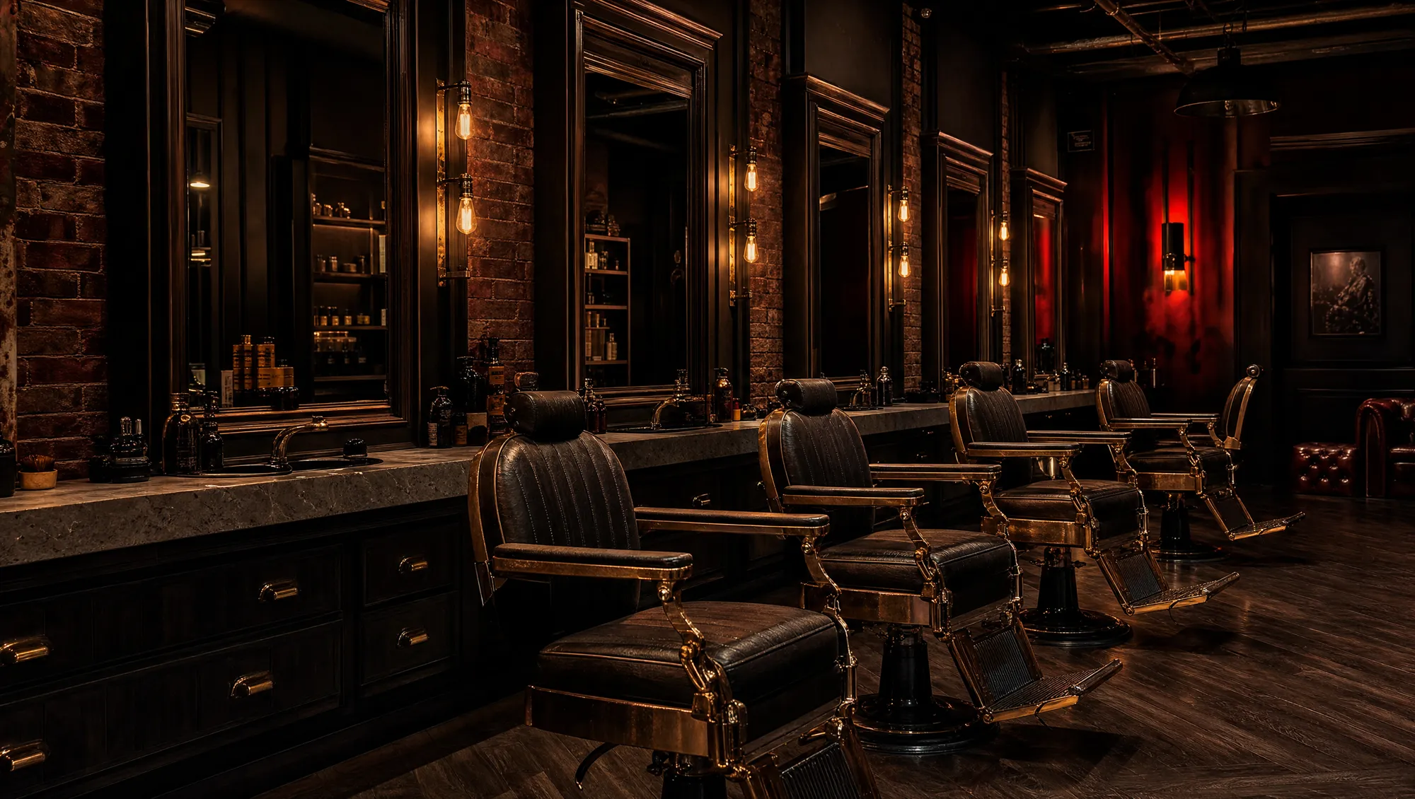 Dark, moody Clutch Barber Co. interior with vintage chairs and warm light